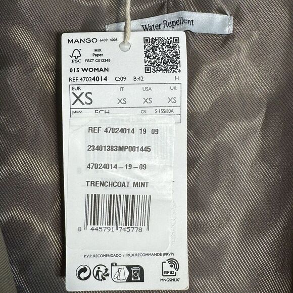 NEW MNG Mango Tie Waist Open Front Trench Coat Water Resistant Women’s XS - Picture 7 of 7